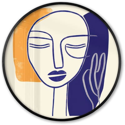 Poster in lijst Rond - Fotolijst 60x60 cm - Posters - Minimalistisch - Gezicht - Hand - Oranje - Blauw - Ronde posterlijst zwart - Decoratie - Wanddecoratie woonkamer - Muurdecoratie slaapkamer