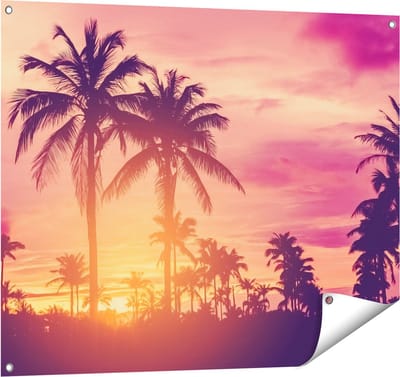 Gards Tuinposter Tropische Palmbomen met Zonsondergang - 100x80 cm - Tuindoek - Tuindecoratie - Wanddecoratie buiten - Tuinschilderij