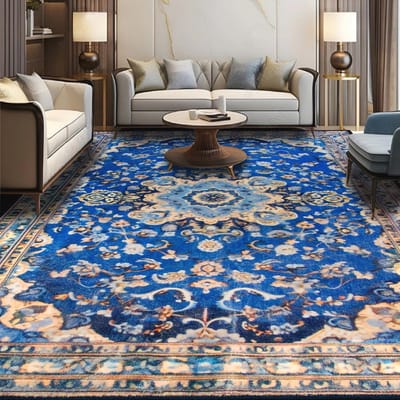 Vloerkleed voor Woonkamer, Wasbaar, Traditioneel Perzisch Geïnspireerd, Blauw Bloemmotief, Antislip Achterkant, Perfect voor Slaapkamer en Speelruimte