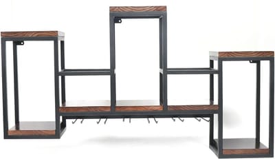 Jurrys Wandwijnrek - Flessenrek - Wijnhouder - Wijnkast - Industrieel - Decoratie - Metaal - Hout - Zwart - Maat 106cm x 55cm