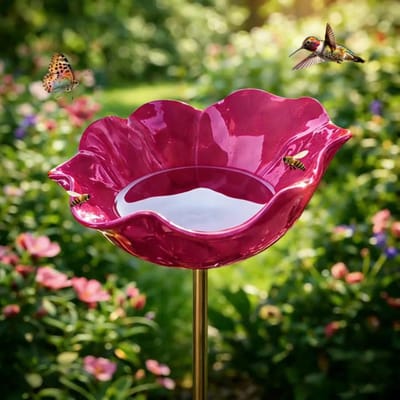 Vogelbad - Terras Vogelbad - Vogelbadjes - Metalen Vogelbadje - VogelbadjesBuiten - Insectenvoederhuisje - Waterschaal - Bijenbad voor in de tuin -Bloemenmotief - Decoratie voor terras en tuin - Afneembare stang -Dieproze-15CM