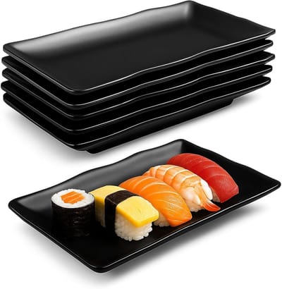 Set van 6 zwarte rechthoekige melamine serveerschalen voor appetizers, desserts, sushi en salades, stapelbaar en veelzijdig