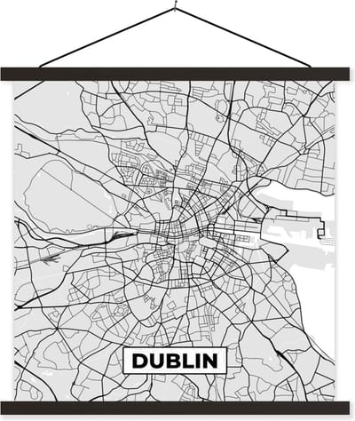 Posterhanger incl. Poster 60x60 cm - Schoolplaat - Dublin - Stadskaart - Zwart Wit - Plattegrond - Kaart - Textielposter - Zwarte latten - Stadskaart