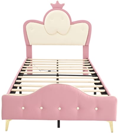 Gotagee Gestoffeerd bed, 90x200cm kinderbed, met zachte beschermranden, monochrome LED-strip, hoofdbord met kroon, metalen bedpoten, eenpersoonsbed, PU, roze + wit