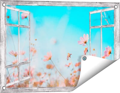 Gards Tuinposter Doorkijk Paarse Kosmos Bloemen - 60x40 cm - Tuindoek - Tuindecoratie - Wanddecoratie buiten - Tuinschilderij