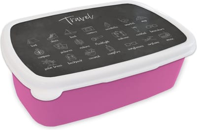 Broodtrommel Roze - Lunchbox - Brooddoos - Spreuken - Quotes - Travel - Snorkel - Map - 18x12x6 cm - Kinderen - Meisje