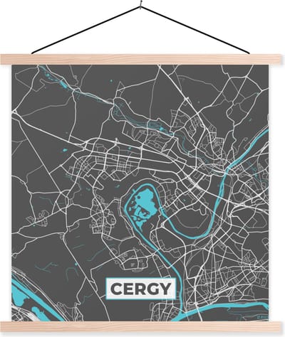 Posterhanger incl. Poster 40x40 cm - Schoolplaat - Cergy - Plattegrond - Kaart - Stadskaart - Frankrijk - Textielposter - Blanke latten - Stadskaart
