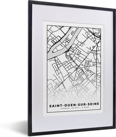 Fotolijst incl. Poster Zwart Wit- Plattegrond – Saint-Ouen-sur-Seine - Kaart – Frankrijk – Stadskaart - Zwart wit - 30x40 cm - Posterlijst