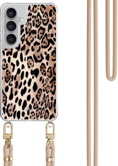 Casimoda® hoesje met beige koord - Geschikt voor Samsung S25 FE - Luipaard print bruin - Afneembaar koord - TPU/polycarbonaat - Bruin/beige