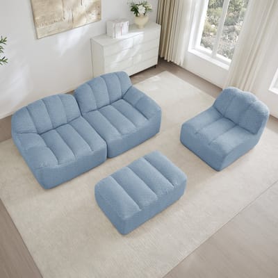 Modulaire Hoekbank 3-Zits Met Poef - Teddy Stof Lounge Bank Blauw - L-Vorm Met Diepe Zit - Frameloos Design