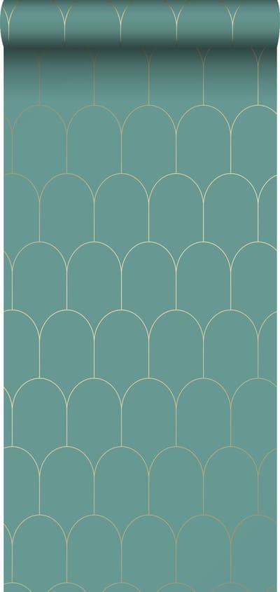 ESTAhome behang art deco motief zeegroen en goud - 53 cm x 10.05 m - 139204