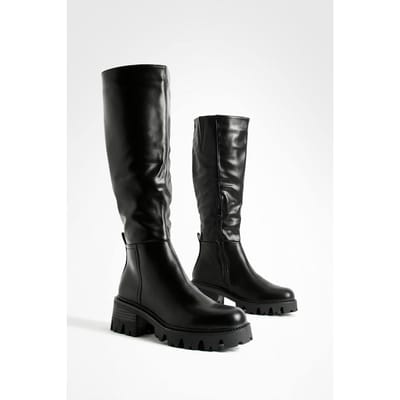 boohoo Dames Lage Hak Chunky Kniehoge Laarzen | Black | Maat: 3