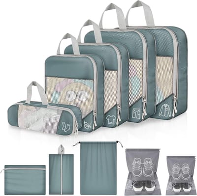 Famanu – Kofferorganizerset - 10-delig - pakkubussen - compressie met schoenentas en documententas - reisorganizer voor koffer en rugzak - reisbenodigdheden - waterdicht en ademend - grijs