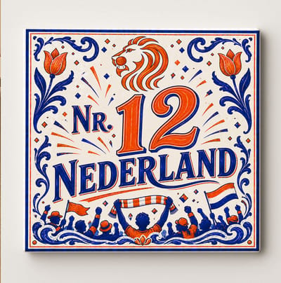 Nederland Nr. 12 Fan Decoratieve Keramische Tegel – Nederlandse Voetbal Supporter Wandtegel – Oranje Blauw Holland Cadeau