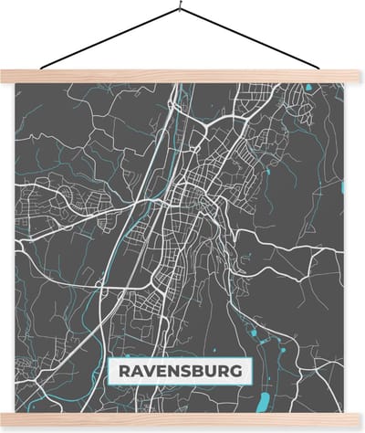 Posterhanger incl. Poster 40x40 cm - Schoolplaat - Blauw – Duitsland – Plattegrond – Stadskaart – Kaart – Ravensburg - Textielposter - Blanke latten - Stadskaart