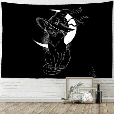 Zwarte Kat Psychedelisch Wandkleed Bohemian Tapiz Hekserij Mysterie Studentenkamer Slaapkamer Woondecoratie 95x70cm