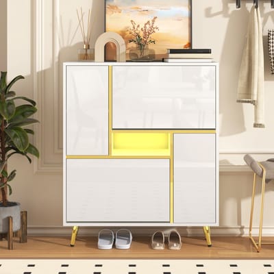 REDOM - Schoenenkast - Hoogglans Front En Ledverlichting - Modern - Voor Hal - Spaanplaat - Wit - 80 X 25 X 96 Cm