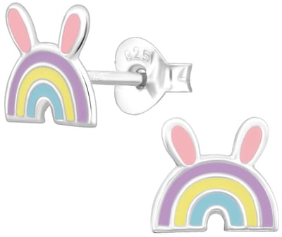 Joy|S - Zilveren regenboog oorbellen - met schattige roze oortjes - kinderoorbellen