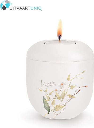 Mini Urn wit bloemenweide oranje - met lichtje