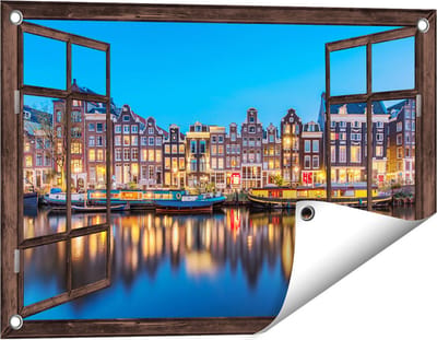 Gards Tuinposter Doorkijk Amsterdamse Huisjes in de Avond met Lichten - 60x40 cm - Tuindoek - Tuindecoratie - Wanddecoratie buiten - Tuinschilderij