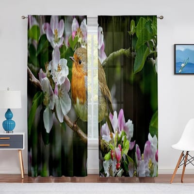 Lente Kolibries en Bloemen Transparant Gordijn voor Woonkamer Slaapkamer Aankleden Huis Raam Benodigdheden Print Chiffon Tule Gordijnen 1 PCS W100XH250cm&Grommet Top