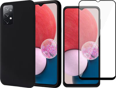 Hoesje geschikt voor Samsung Galaxy A13 4G - Matte Back Cover Microvezel Siliconen Case Hoes Zwart - Full Tempered Glass Screenprotector