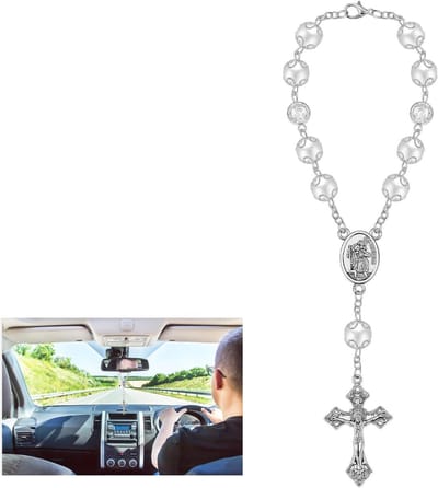 Rozenkrans met Christopher en Zilveren Kruis voor Achteruitkijkspiegel, Spiritueel Cadeau, Gebedskralen met Sluiting voor Auto, Bescherming en Geloof