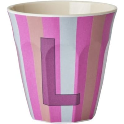 Rice melamine beker medium gestreept letter l, roze