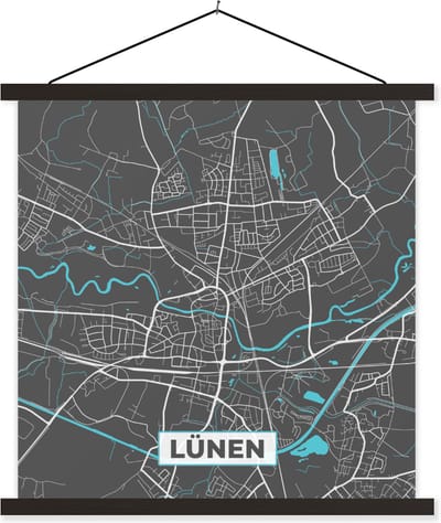 Posterhanger incl. Poster 120x120 cm - Schoolplaat - Stadskaart – Kaart – Lünen – Blauw – Duitsland – Plattegrond - Textielposter - Zwarte latten - Stadskaart