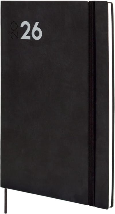 Weekkalender 2026 - Agenda met elastische sluiting en puntlint - Softcover - Zwart - 12 maanden