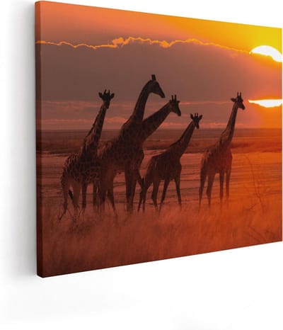 Artaza Canvas Schilderij Afrika - 50x40 cm - Wanddecoratie Giraffe - Muurdecoratie Zonsondergang - Kamer Accessoires Dieren