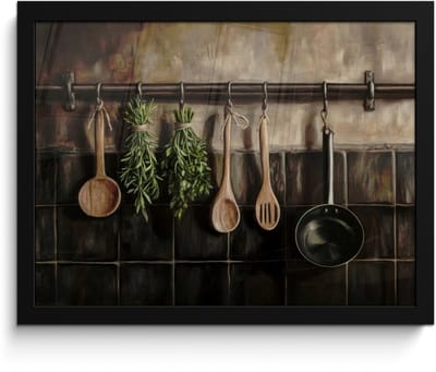 Poster in lijst - Fotolijst 40x30 cm - Posters - Keukengerei - Rustiek - Tegels - Kruiden - Posterlijst zwart - Decoratie - Wanddecoratie woonkamer - Muurdecoratie slaapkamer