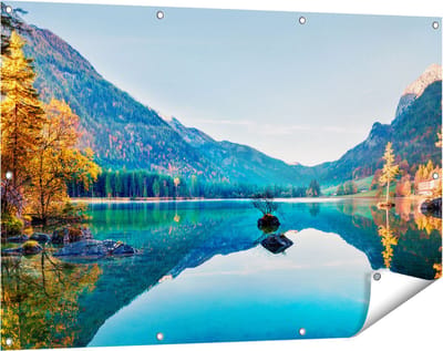 Gards Tuinposter Meer met Herfstbomen - 120x80 cm - Tuindoek - Tuindecoratie - Wanddecoratie buiten - Tuinschilderij