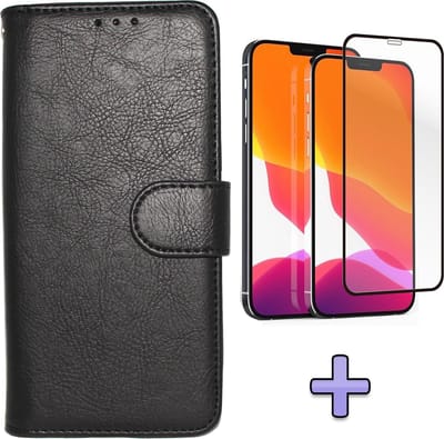 HB Hoesje Geschikt voor Apple iPhone 12 & 12 Pro Zwart - Luxe Kunstlederen Portemonnee Book Case & Volledige Display Screenprotector