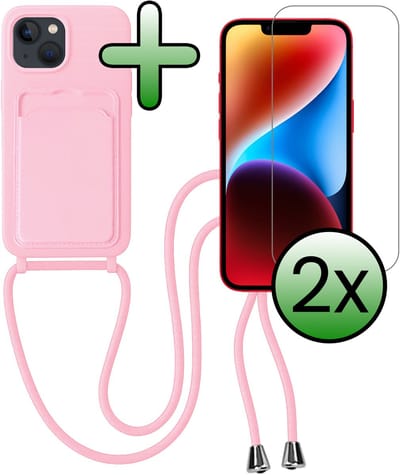 Hoes Geschikt voor iPhone 13 Hoesje Pas Houder Case Hoes Met Koord Met 2x Screenprotector - Hoesje Geschikt voor iPhone 13 Hoes Met Telefoonkoord Pasjeshouder Cover - Lichtroze