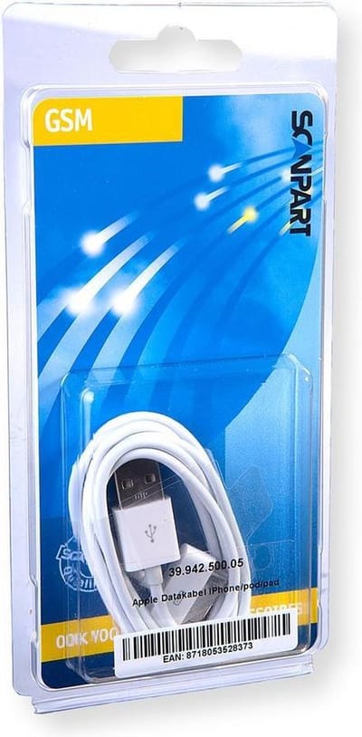 Scanpart Apple dock connector laad en datakabel 1 meter - 30-pin - Geschikt voor iPhone 3 3GS 4 4S - iPad 2 en 3 - USB 2.0 - Wit - Alternatief