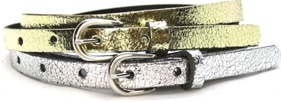 Set van 2 riemen - Goud & Zilver - 1,5 cm smalle metallic riemen - damesriem 100% leder - Maat 85 - Totale lengte 100cm