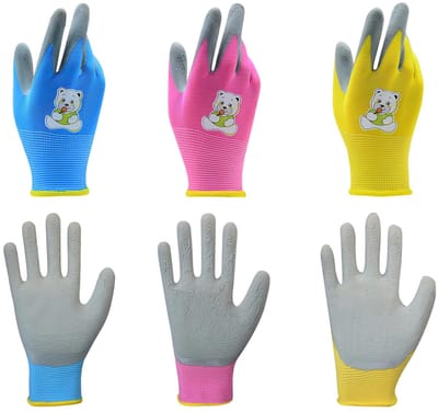 YFaith 3 paar kinderwerkhandschoenen, polyester latex, kleuterhandschoenen, berenpatroon, kinderwerkhandschoenen, comfortabel en ademend, geel, roze, blauw, XXXS, voor 2 tot 5 jaar