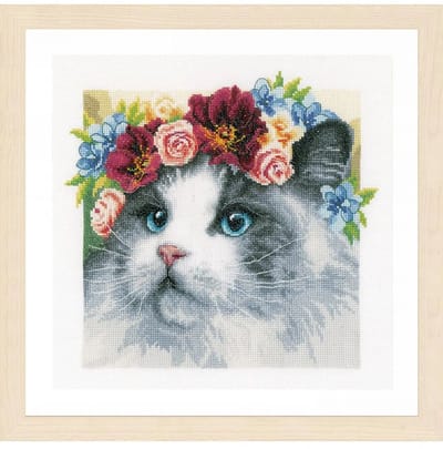 Lanarte Borduurpakket - Borduurset - Borduurpakket volwassenen - Telpakket kit - 29 x 29cm - Ragdoll met bloemenkrans - PN-0191866
