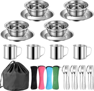 Luvetrex ® Complete 24-delige Camping Bestekset voor 4 Personen - Roestvrij Stalen Servies