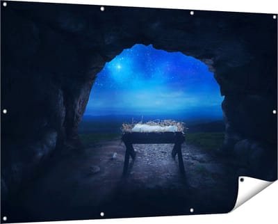 Gards Tuinposter Kribbe in een Grot onder de Ster van Bethlehem - 150x100 cm - Tuindoek - Tuindecoratie - Wanddecoratie buiten - Tuinschilderij
