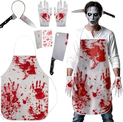 Horror Butcher Kostuum voor Mannen met Bloedige Schort, Handschoenen, Hoofdband en Mes voor Halloween Feest