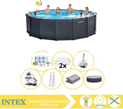 Intex Graphite Gray Panel Zwembad - Opzetzwembad - 478x124 cm - Inclusief Onderhoudspakket, Filterbollen en #N/A