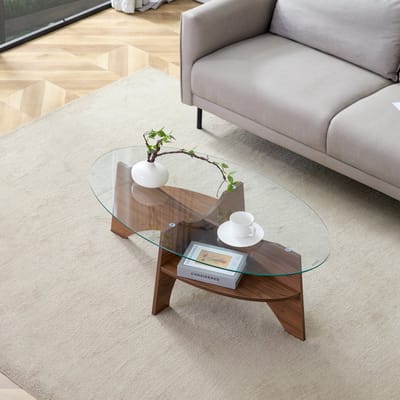 MODENUIT Salontafel - Ovaal Met Onderplank - Voor Woonkamer Of Eethoek - MDF En Glas - 104,9x60 Cm - Walnoot
