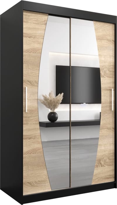InspireMe - Kledingkast met 2 schuifdeuren, Modern-stijl, Een kledingkast met planken en een spiegel (BxHxD): 120x200x62 - GLOBE 120 Zwart Mat + Sonoma Eik