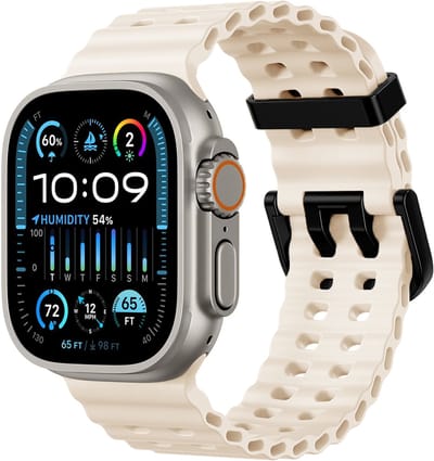 Stravo Ocean Sport bandje - Geschikt voor Apple Watch 46mm (Series 10/11), 45mm (Series 7/8/9), 44mm (Series 4/5/6, SE 1/2/3), 49mm (Ultra 1/2/3) - Starlight - Ademende Zachte Silicone Waterdichte Marine Horlogebandje