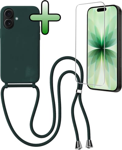 Hoes Geschikt voor iPhone 17 Hoesje Met Koord Met Screenprotector - Telefoonhoesje Geschikt voor iPhone 17 Backcover Met Afneembaar Koord - Donkergroen