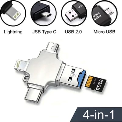 Femur 4-in-1 Micro SD kaart lezer - Geschikt voor Telefoon, PC en Tablet met USB-C, USB 2.0, Micro USB en Lightning aansluiting