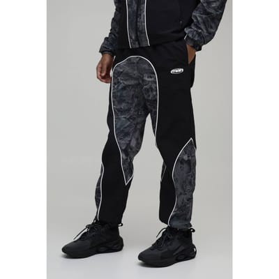 Relaxed Fit Nylon Camo Colour Block Piping Track Pants | Size XS