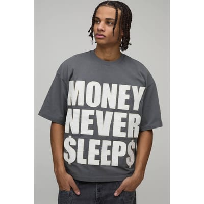 Oversized Boxy Money Slogan Distressed Applique T-Shirt | Charcoal | Size XS